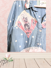 Load image into Gallery viewer, Lightweight Denim Polka Dot & Pink Crochet Lace Roses Cowgirl High-Low Upcycled Blouse Shirt