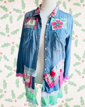Load image into Gallery viewer, Pink & Green Plaids Denim Duster with Christmas Santa Holiday Shirt
