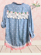 Load image into Gallery viewer, Lightweight Denim Polka Dot & Pink Crochet Lace Roses Cowgirl High-Low Upcycled Blouse Shirt