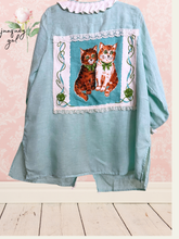Load image into Gallery viewer, Pale Aqua Seafoam Green Linen Kitten Orange Tablecloth Upcycled Blouse Shirt Oversized