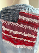 Load image into Gallery viewer, Lightweight denim cutout sleeve American Flag Crochet roses fits To XL