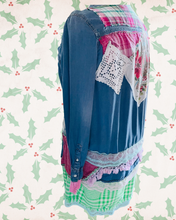 Load image into Gallery viewer, Pink & Green Plaids Denim Duster with Christmas Santa Holiday Shirt