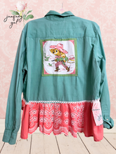 Load image into Gallery viewer, Puppy Cowgirl Vintage Hankie Bright Aqua / Teal Cotton Blouse l High-Low Upcycled Square Dance Shirt