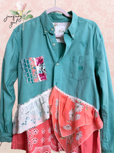 Load image into Gallery viewer, Puppy Cowgirl Vintage Hankie Bright Aqua / Teal Cotton Blouse l High-Low Upcycled Square Dance Shirt