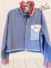 Load image into Gallery viewer, Martha Red Roses Blue Oxford Vintage Sheets Classic shirt High-Low Upcycled Blouse 2X Plus Curvy