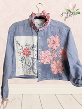 Load image into Gallery viewer, Preppy Pinstripe Upcycled Blouse Menswear Shirt Vintage Tablecloth Lace & Needlepoint