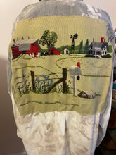 Load image into Gallery viewer, Bucolic Barn Scene Needlepoint Distressed - Shacket Jacket Shirt
