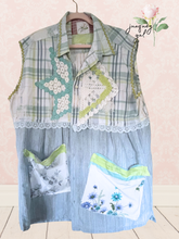 Load image into Gallery viewer, aqua & chartreuse vintage tablecloth & chunky crochet duster coverup Lagenlook free-size oversize