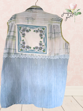 Load image into Gallery viewer, aqua & chartreuse vintage tablecloth & chunky crochet duster coverup Lagenlook free-size oversize