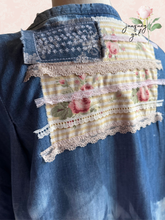 Load image into Gallery viewer, Denim Duster & Vintage Lace Ralph Lauren Striped Floral Americana Flag Sheet - Oversized Medium