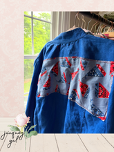 Load image into Gallery viewer, Royal Blue Linen Jacket Beach Sail Boats Flag 4th of July - Chicos Size 4 - Plus Curvy