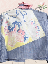 Load image into Gallery viewer, Preppy Pinstripe Upcycled Blouse Menswear Shirt Vintage Tablecloth Lace & Needlepoint