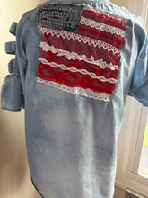 Load image into Gallery viewer, Lightweight denim cutout sleeve American Flag Crochet roses fits To XL