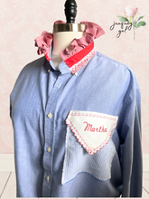 Load image into Gallery viewer, Martha Red Roses Blue Oxford Vintage Sheets Classic shirt High-Low Upcycled Blouse 2X Plus Curvy