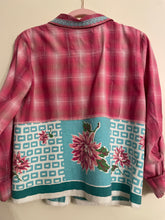 Load image into Gallery viewer, Bright Pink Cotton Plaid Metallic Thead Upcycled Aqua MCM Vintage Tablecloth Shirt