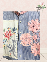 Load image into Gallery viewer, Preppy Pinstripe Upcycled Blouse Menswear Shirt Vintage Tablecloth Lace & Needlepoint