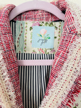 Load image into Gallery viewer, Upcycled Vintage Rose Bouquet & Pink Quilt Square Bouclé Tweed Jacket Size 2
