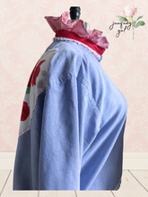 Load image into Gallery viewer, Martha Red Roses Blue Oxford Vintage Sheets Classic shirt High-Low Upcycled Blouse 2X Plus Curvy