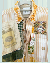 Load image into Gallery viewer, farm girl yellow ticking stripe poultry feed sack oversized duster