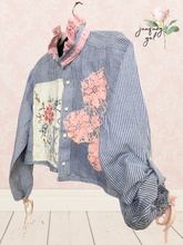 Load image into Gallery viewer, Preppy Pinstripe Upcycled Blouse Menswear Shirt Vintage Tablecloth Lace & Needlepoint