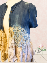 Load image into Gallery viewer, Denim Duster & Vintage Lace Ralph Lauren Striped Floral Americana Flag Sheet - Oversized Medium