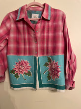 Load image into Gallery viewer, Bright Pink Cotton Plaid Metallic Thead Upcycled Aqua MCM Vintage Tablecloth Shirt