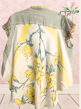Load image into Gallery viewer, Lemon Yellow Floral Linen Shirt High Low Upcycled Menswear Blouse Shirt Oversized sleeveless