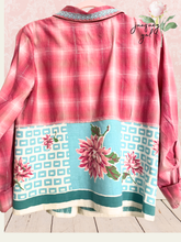 Load image into Gallery viewer, Bright Pink Cotton Plaid Metallic Thead Upcycled Aqua MCM Vintage Tablecloth Shirt