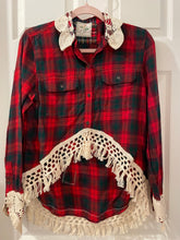 Load image into Gallery viewer, Vintage Feedsack Christmas Tree & Chunky Ivory Fringe Flannel Shirt #1