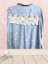 Load image into Gallery viewer, Lightweight Denim Polka Dot & Pink Crochet Lace Roses Cowgirl High-Low Upcycled Blouse Shirt