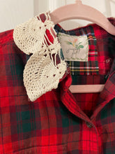 Load image into Gallery viewer, Vintage Feedsack Christmas Tree & Chunky Ivory Fringe Flannel Shirt #1