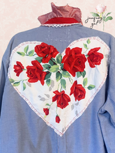 Load image into Gallery viewer, Martha Red Roses Blue Oxford Vintage Sheets Classic shirt High-Low Upcycled Blouse 2X Plus Curvy