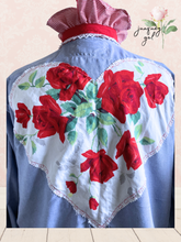 Load image into Gallery viewer, Martha Red Roses Blue Oxford Vintage Sheets Classic shirt High-Low Upcycled Blouse 2X Plus Curvy