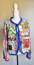 Load image into Gallery viewer, Royal Blue Bow Crazy Quilt Feed Garden Seed Sack Barn Coat Jacket - Fits up to Large