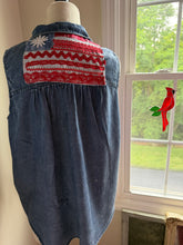 Load image into Gallery viewer, Lightweight dark sleeveless American flag tie front button down fits to XL
