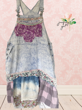 Load image into Gallery viewer, Denim Overall Dress - kittens &amp; pups - Upcycled Crochet Lace - Asymmetric Hemline
