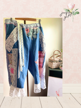 Load image into Gallery viewer, drawstring waist vintage patchwork lightweight denim capri jeans Curvy Plus Upcycled 3X
