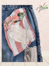 Load image into Gallery viewer, Upcycled bleached jeans LOVE floral patchwork large asymmetric roses vintage Fits most to Large
