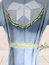 Load image into Gallery viewer, Light Summer Denim Dress yellow chunky crochet lace &amp; bright vintage textiles sleeveless
