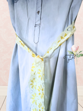 Load image into Gallery viewer, Light Summer Denim Dress yellow chunky crochet lace &amp; bright vintage textiles sleeveless
