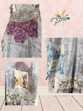 Load image into Gallery viewer, Denim Overall Dress - kittens &amp; pups - Upcycled Crochet Lace - Asymmetric Hemline
