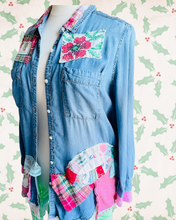 Load image into Gallery viewer, Pink &amp; Green Plaids Denim Duster with Christmas Santa Holiday Shirt

