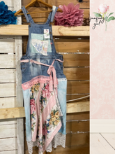 Load image into Gallery viewer, Denim Overall Dress Asymmetric Hemline long sweeping lace
