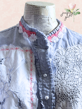 Load image into Gallery viewer, Preppy pink &amp; blue candy stripe Pinstripe upcycled Blouse Size Small
