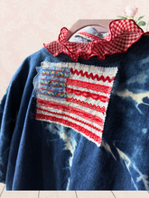 Load image into Gallery viewer, Bleached Denim Vintage Ribbon &amp; Ruffles Flag Upcycled Shirt 4th of July - Fits to Plus
