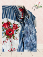 Load image into Gallery viewer, Vintage Tablecloth Poppy Bouquet &amp; Ribbon Oversized Bleached Denim Vest Upcycled 4th of July - Fits to Plus

