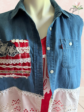 Load image into Gallery viewer, Levi's Denim Shirt Vest Vintage Lace Flag Upcycle

