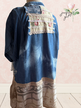 Load image into Gallery viewer, Denim Duster &amp; Vintage Lace Ralph Lauren Striped Floral Americana Flag Sheet - Oversized Medium

