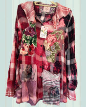 Load image into Gallery viewer, Horse &amp; Girl Needlepoint - upcycled oversized flannel Duster Shirt
