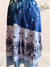 Load image into Gallery viewer, Denim Skirt Boho Chic Gypsy Vintage Tablecloth July 4th Upcycle
